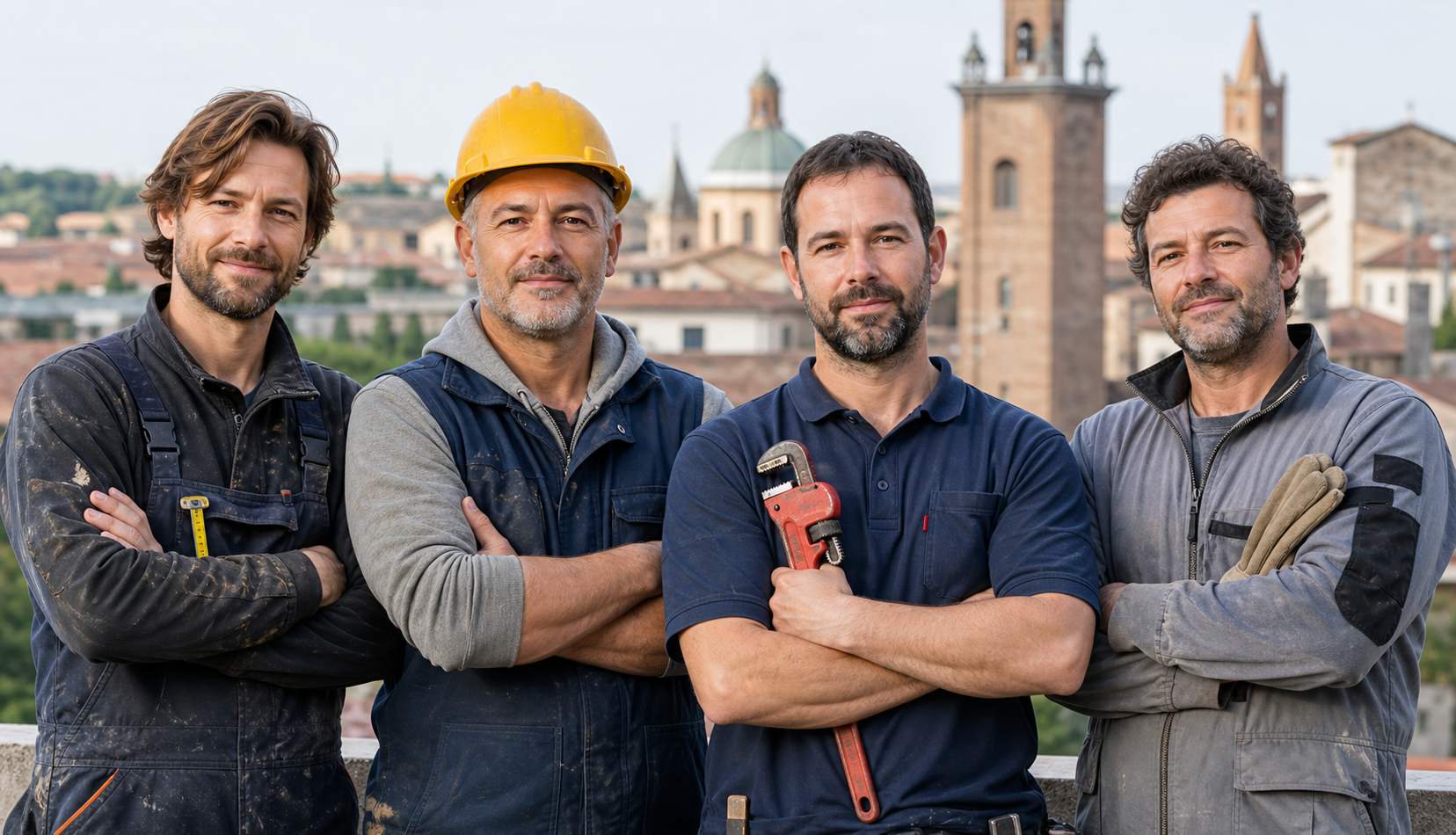 Piccolo gruppo di artigiani europei di mestieri diversi in posa davanti a uno sfondo urbano italiano