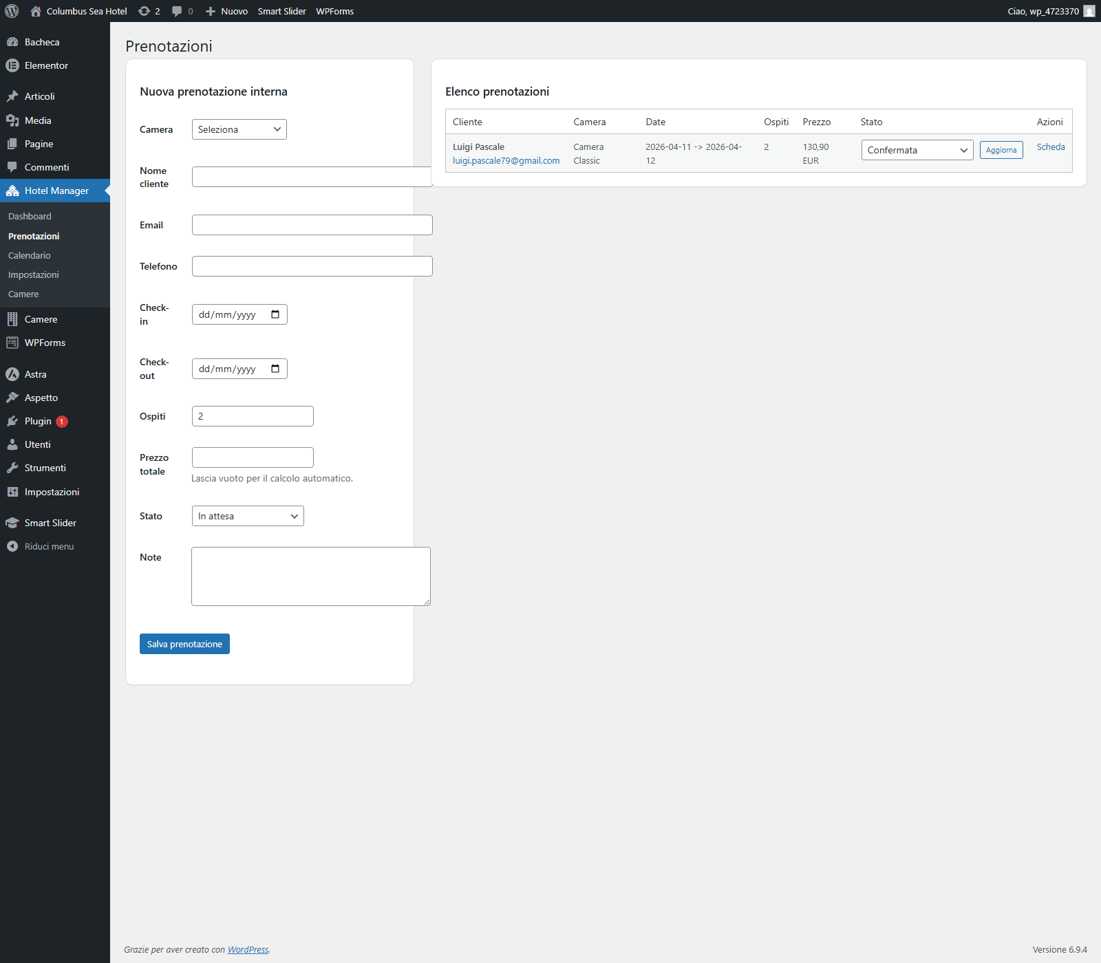Dashboard prenotazioni hotel su WordPress