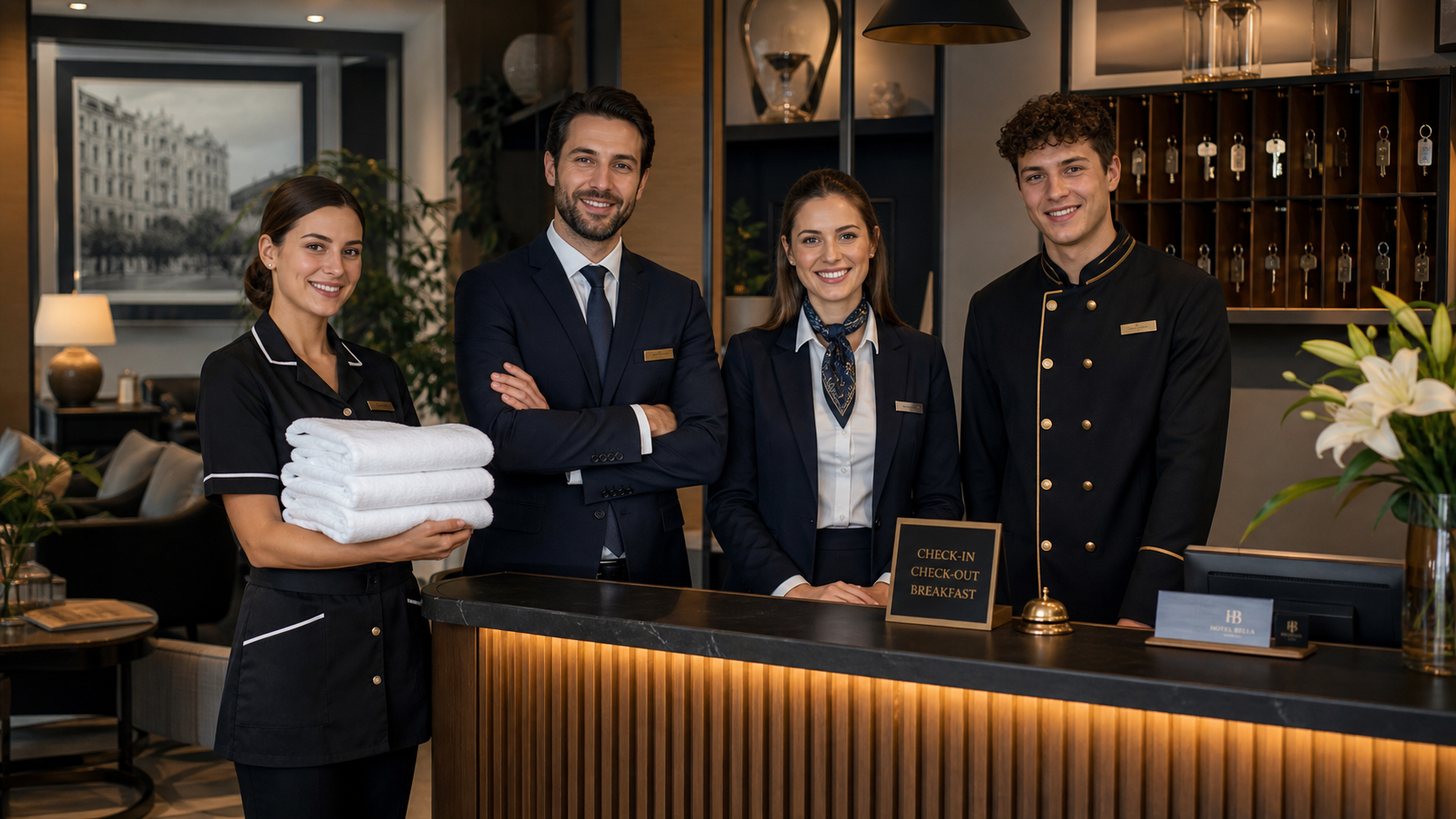Team europeo di hotel in reception elegante con staff accoglienza