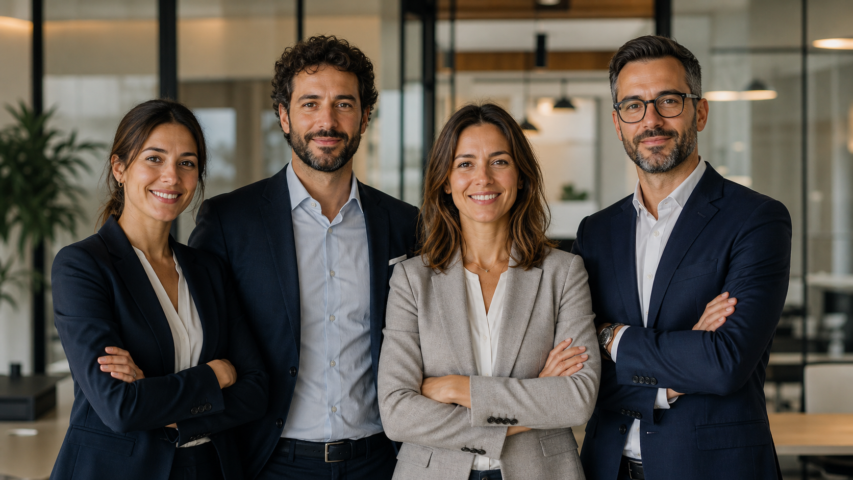 Piccolo gruppo di professionisti europei ben vestiti in un ufficio moderno