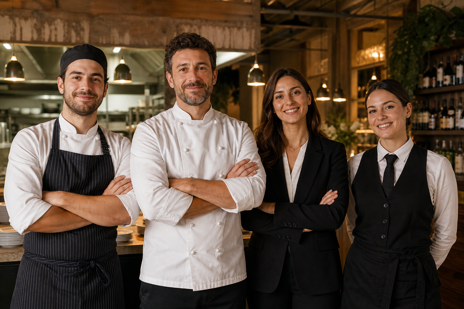 Piccolo team europeo di ristorante tra cucina e sala in un locale elegante
